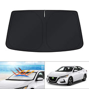 KUST sun shade front view fitted to Sentra windshield showing full coverage and protection