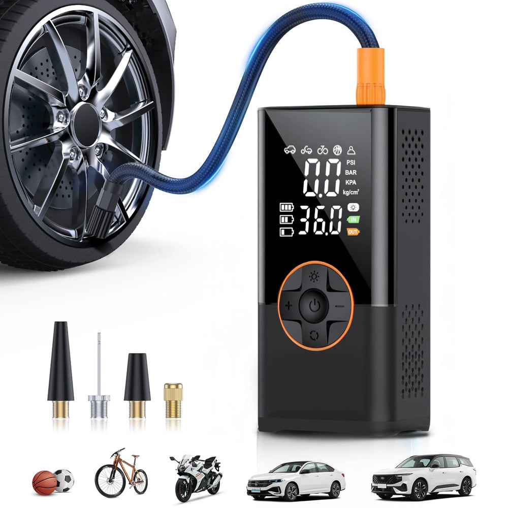KUXISA inflator front view showing compact design and handheld portability benefit
