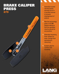 Lang Tools 279 in use on a twin-piston caliper demonstrating easy access and controlled compression during pad service