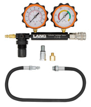 Lang Tools front view of cylinder leakage tester showing kit layout and portability benefit