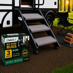 LATCH.IT front packaging showing three gray RV step covers and included hardware, durable protection