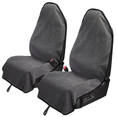 Leader Accessories front seat covers packaging showing grey pair, protects upholstery