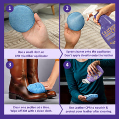 Leather CPR conditioner pour showing creamy consistency that restores leather suppleness and shine