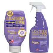 Leather CPR front packaging showing 18oz cleaner and 22oz conditioner, clear labeling and kit benefit
