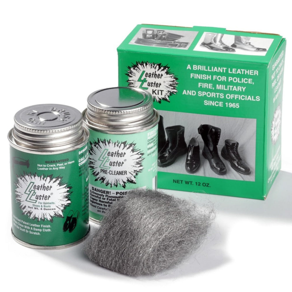 Leather Luster front packaging showing kit contents and polished shine benefit