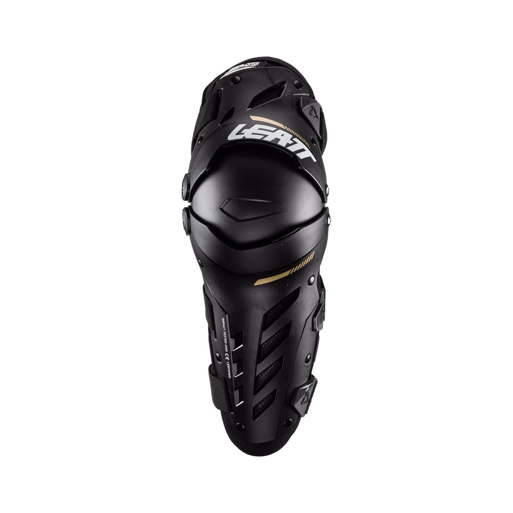 Leatt knee and shin guard front view showing durable shell and secure fit