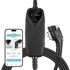 Lectron front view of charger showing compact portable design and fast charging benefit