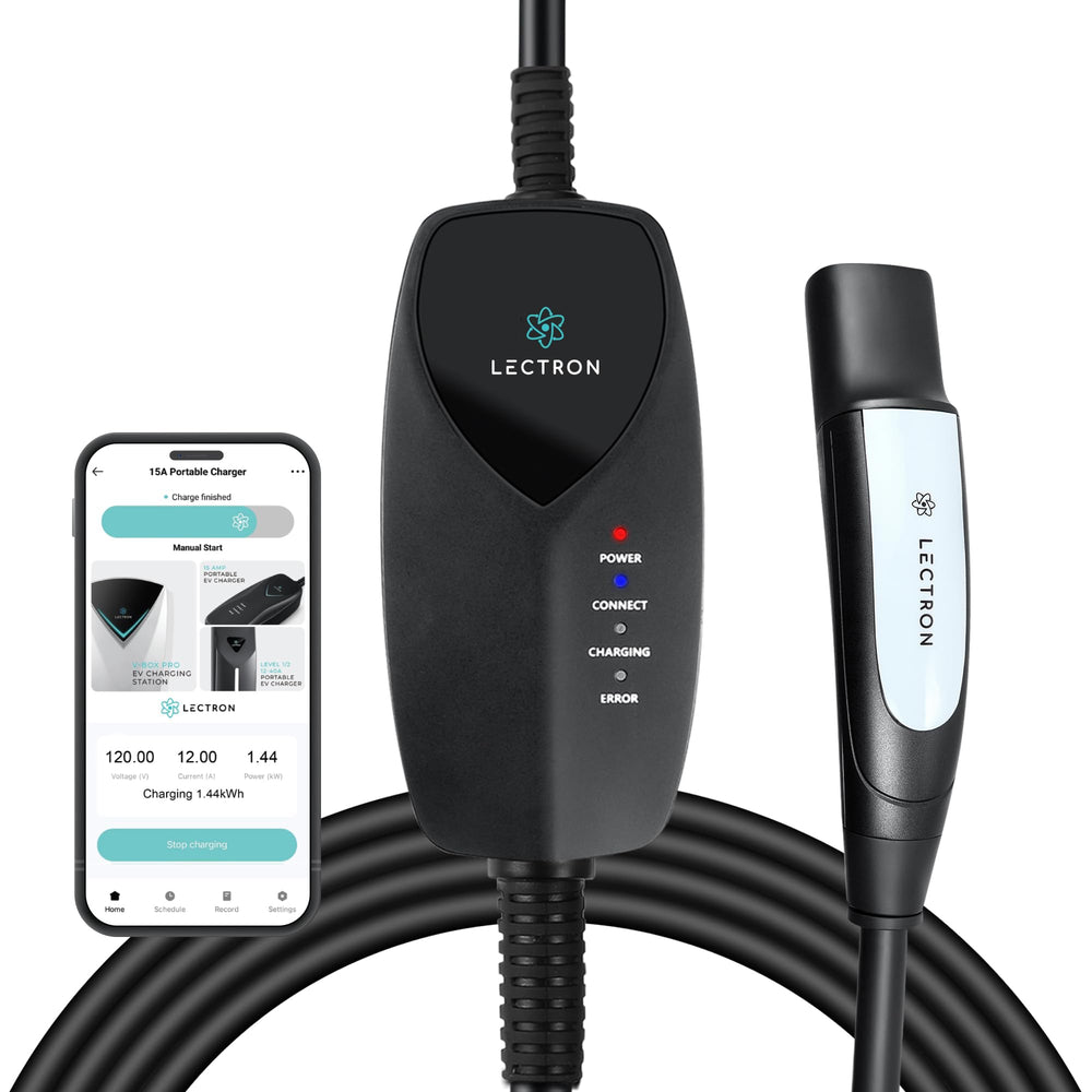 Lectron front view plugged into NEMA outlet showing convenient home charging