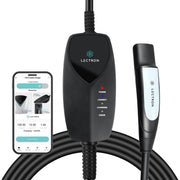 Lectron front view plugged into NEMA outlet showing convenient home charging