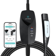 Lectron front view plugged into NEMA outlet showing convenient home charging