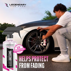 Legendary Car Care trim detail close-up revealing renewed color and non-greasy protective finish