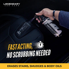 Legendary Car Care spray in action cleaning a dashboard for quick, streak-free results
