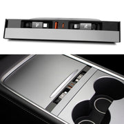 Leikaendi hub front view installed in Tesla centre console showing seamless fit and neat charging