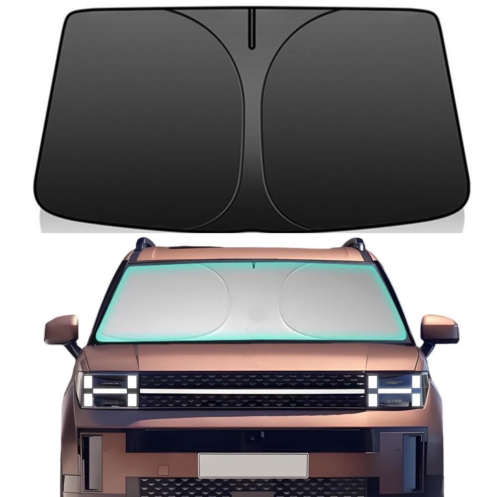 LEIMINMAOYI front view of sun shade showing full windshield coverage and easy protection