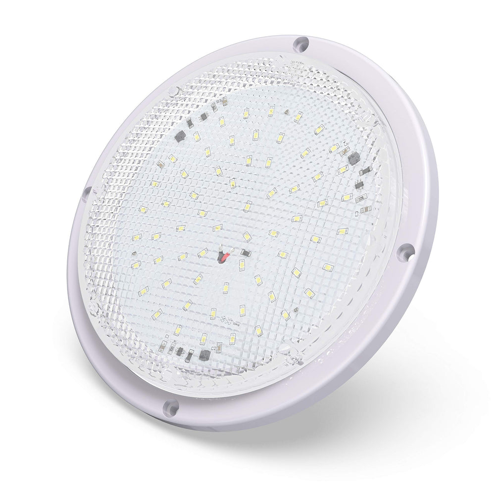 Leisure LED front view showing compact round porch light and bright output