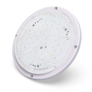 Leisure LED front view showing compact round porch light and bright output