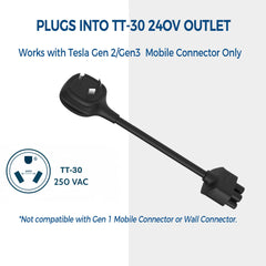 Leisure Stay TT‑30 mated to Tesla Mobile Connector showing simple pairing benefit