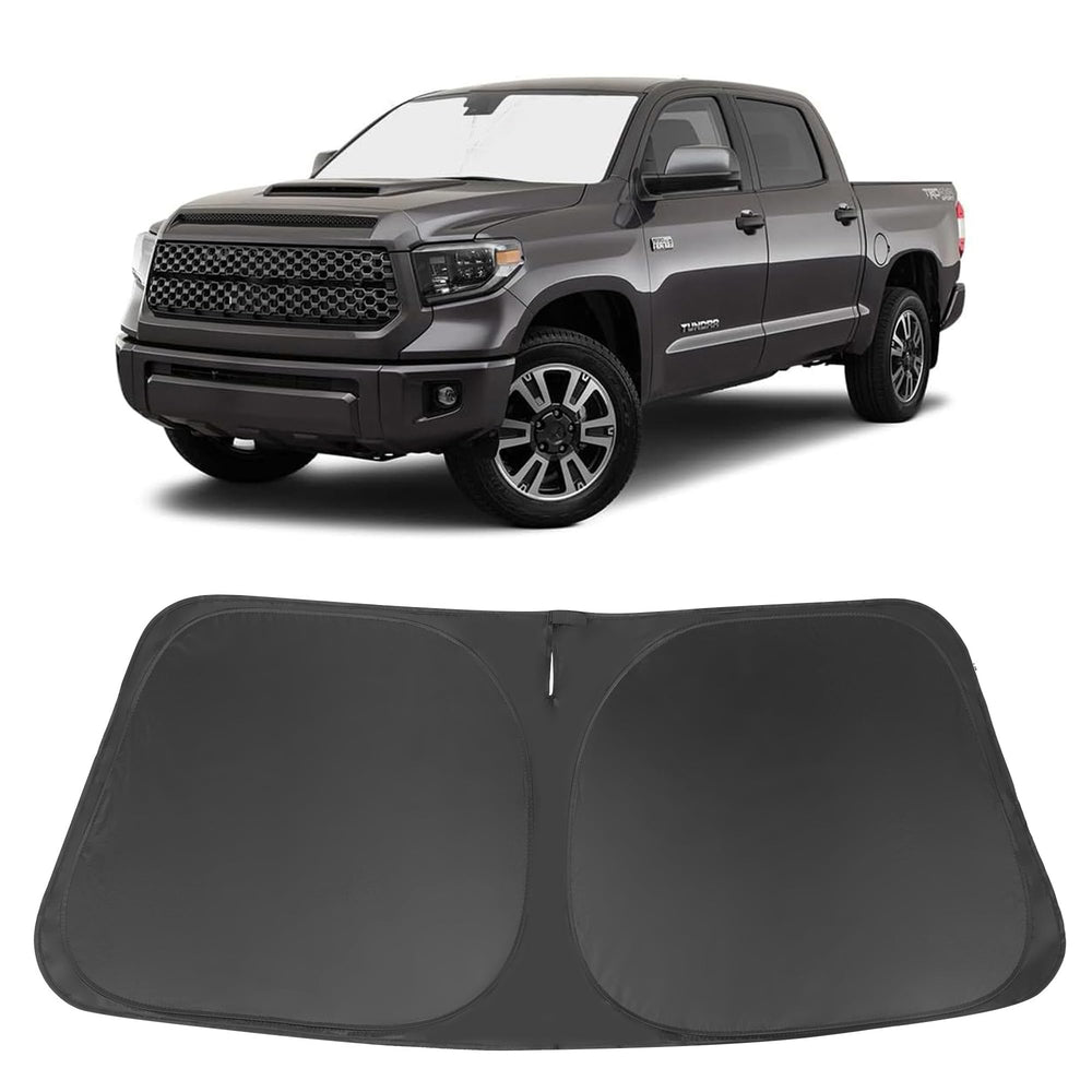 LHFLIVE front view of sun shade packaging showing fit for Tundra