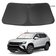 LHFLIVE front view of sun shade on VW Taos windshield showing exact fit and protection