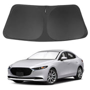 LHFLIVE front view of sun shade fitted in Mazda 3 windshield showing full coverage and cooling benefit