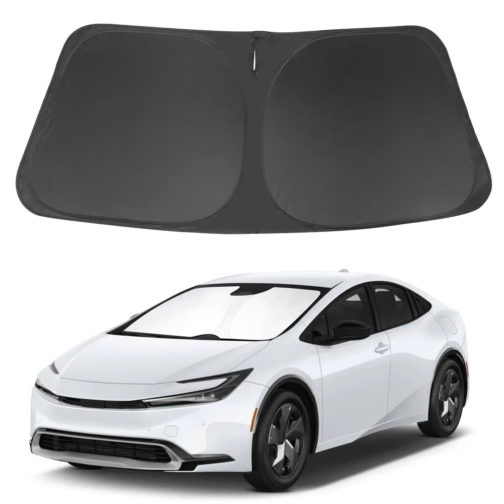LHFLIVE front view showing custom-fit Prius windshield shade protecting interior