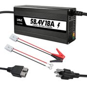 LHLC 48V charger front view showing ports and LEDs, fast reliable charging