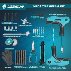LIBRATON tools layout with all 78 pieces visible for complete roadside repairs