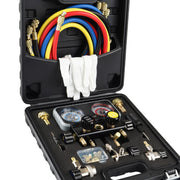 Lichamp front view of 4-valve manifold gauge set showing robust controls and ports for efficient service