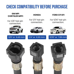 Lichamp three T-adapters displayed to fit multiple fuel line sizes for versatility