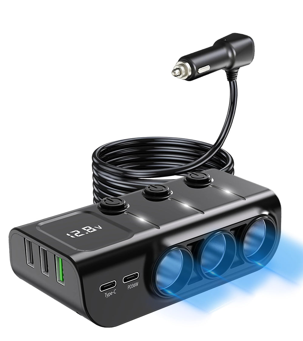 LIHAN front view of the 8-in-1 car splitter showing sockets and USB ports for versatile charging