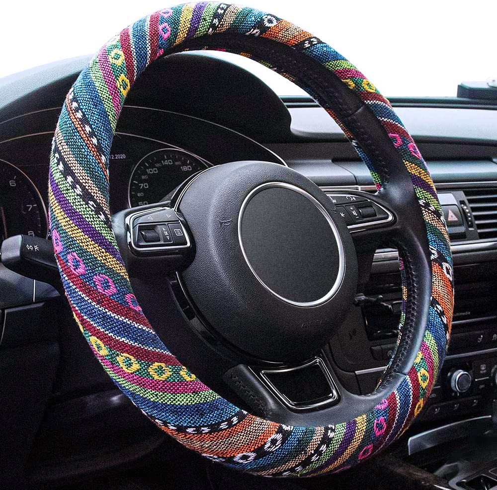 Limsas front view of the steering wheel cover showing boho pattern and color appeal