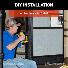 Lippert Components hinge installed on RV door demonstrating stable, wind-resistant benefit