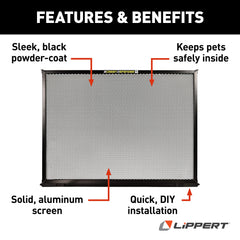 Size and scale photo of Lippert Screen Defender beside a tape measure for accurate fitting guidance