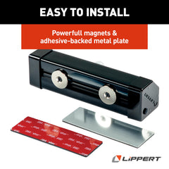 Lippert Components adhesive-backed metal plate and light showing no-drill installation option