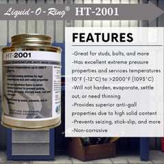 Liquid-O-Ring label close-up highlighting high-temp and copper-free benefits