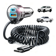 LISEN car charger front view showing robust build and ports, reliable charging