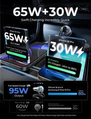 LISEN charger powering front passenger phone demonstrating shared charging benefit