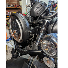 LisylineAuto mounted on motorcycle fork showing real-world fit and clean appearance