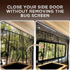 Living in a Bubble installed on Sprinter side door showing open airflow and bug barrier