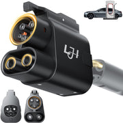 LJH adapter front view showing NACS to CCS1 connection and robust housing for reliable charging