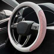 LKWLIKEI front view of white and pink steering wheel cover showing elegant fit and style