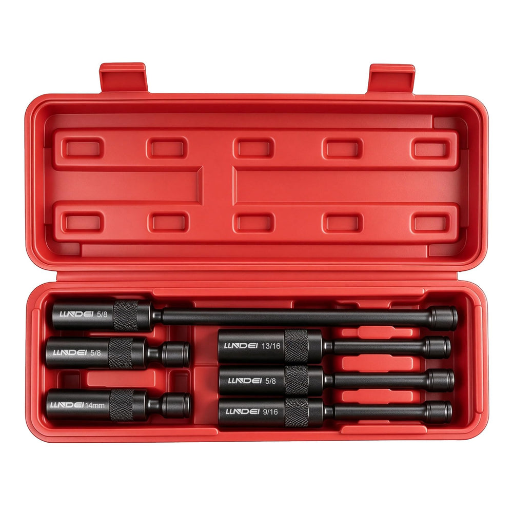 LLNDEI socket set front overview showing all six pieces and compact case benefit