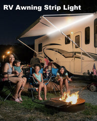 LLTOP installed on an RV awning providing bright daylight-white illumination for campers