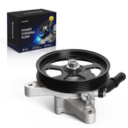 Loautong power steering pump with pulley front view showing durable construction and fitment benefit