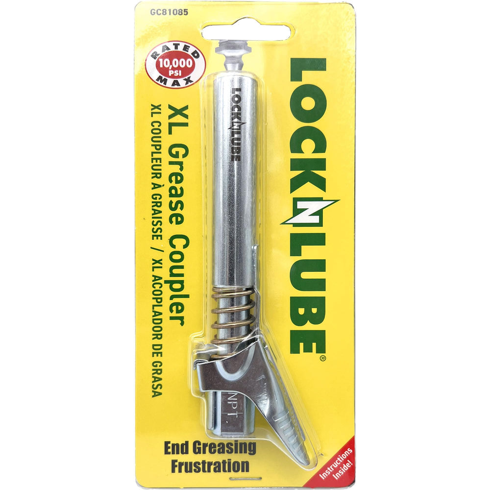 LockNLube front angled coupler XL showing robust lock and universal fit benefit
