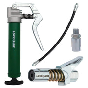 LockNLube front view of mini grease gun kit showing compact portability and complete set