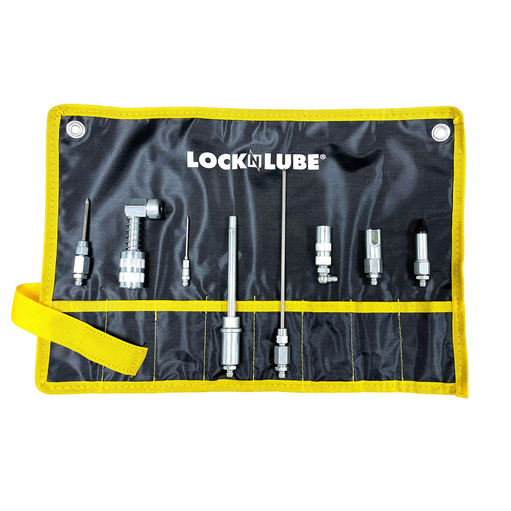 LockNLube kit rollup case front view showing organized adapters and portability