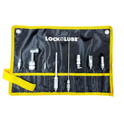 LockNLube kit rollup case front view showing organized adapters and portability
