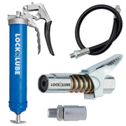 LockNLube pistol grip grease gun front view showing ergonomic handle and blue finish