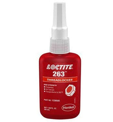 Loctite 263 front bottle view showing red adhesive and clear label for reliable application